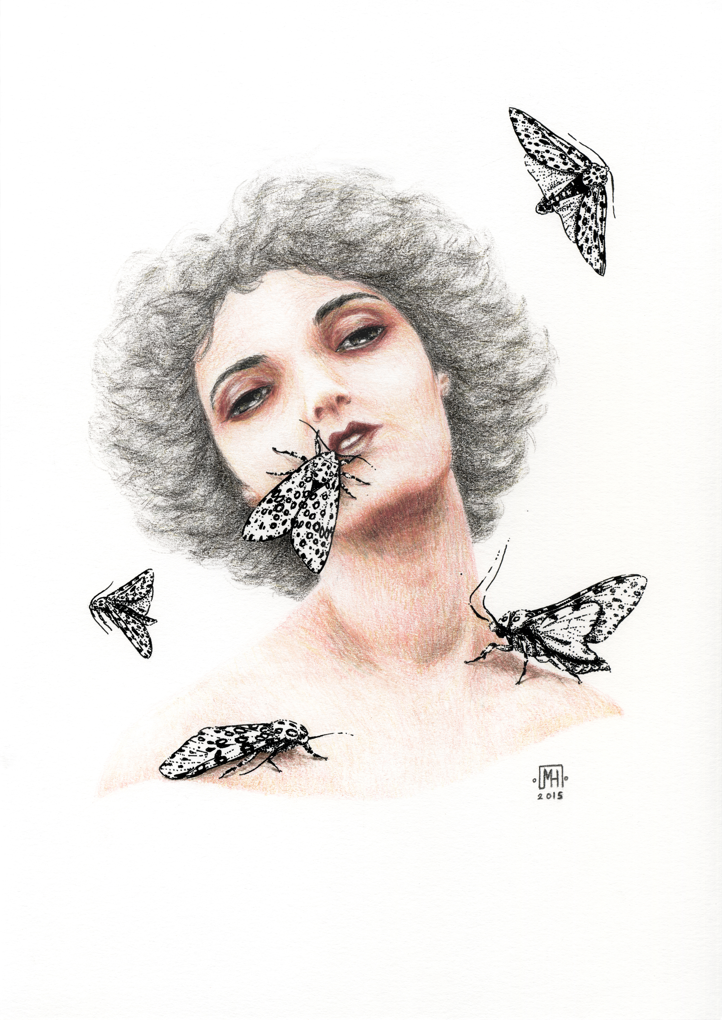 Moth Kiss - 32x42 cm - Crayons de couleur et encre sur papier 200g - 500€