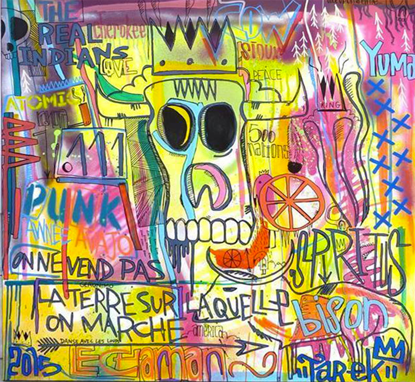 Tarek & graffitis - 100x100 cm - 2500€ - Acrylique, spray & posca sur toile